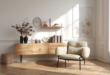 White wall mockup in a modern interior with a wooden console and armchair, natural light, and a wooden floor. Close-up view.