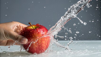 Fresh Red Apple Splash in Hand – Vibrant, Crisp, Refreshing Shot