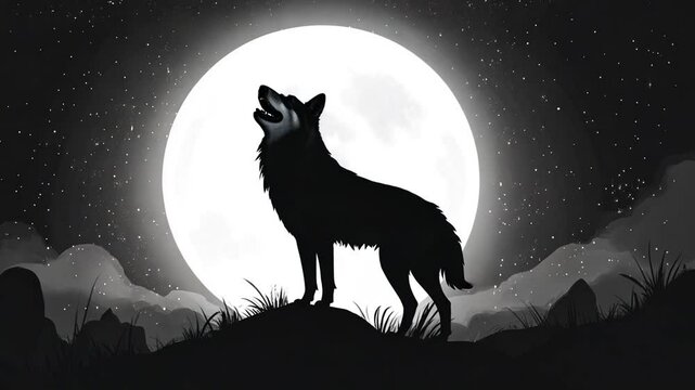 Mystical wolf howling at the moon in a serene nocturnal landscape animation clip