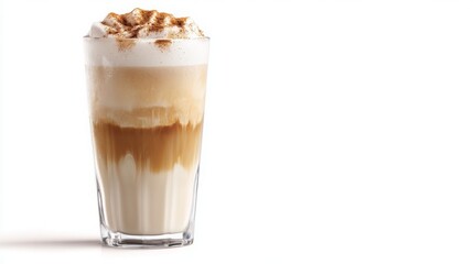 Delicious layered coffee drink served in a tall glass with whipped cream and spices on top