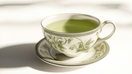 Fototapeta premium Delicate ceramic tea cup filled with green tea on a sunlit table during afternoon relaxation