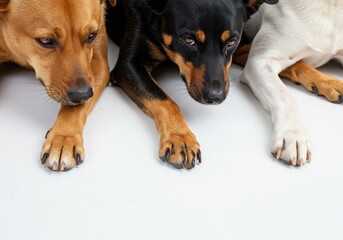 Obraz premium Three dogs lying down with their paws and faces visible on a white surface looking downwards slightly