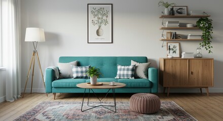 A living room featuring a teal sofa, patterned rug, and wooden furniture in a bright and airy space