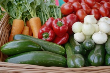 Fresh vegetables in a basket, featuring carrots, peppers, zucchini, tomatoes, and onions  A display of vibrant, colorful produce