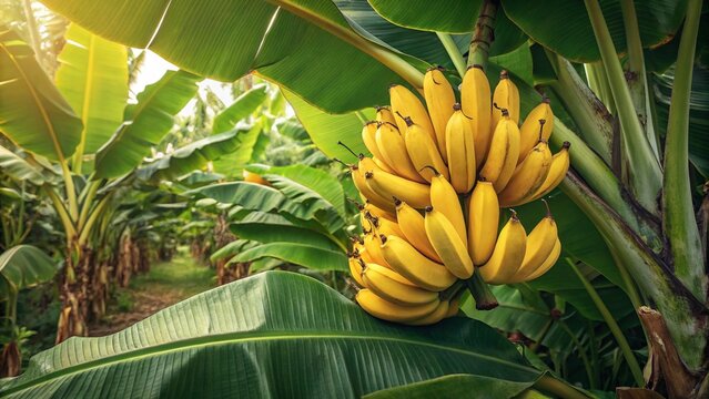 Bright Yellow Bananas on Lush Leaves &ndash; Tropical Fresh Harvest