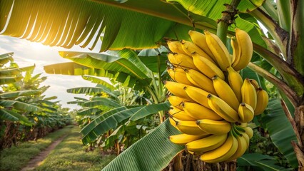 Bright Yellow Bananas on Lush Leaves – Tropical Fresh Harvest