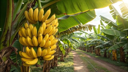 Bright Yellow Bananas on Lush Leaves – Tropical Fresh Harvest