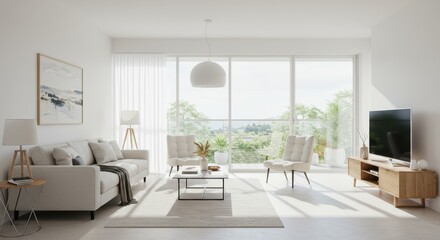 Fototapeta premium Bright living room with white sofa chairs and large windows overlooking greenery on a sunny day