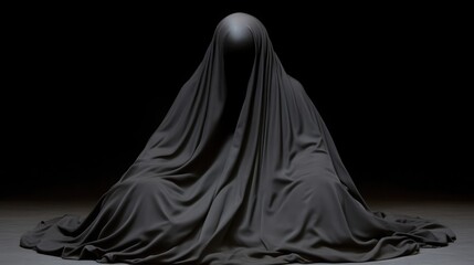 Naklejka premium Dark, shrouded figure, seated in meditative pose. Hidden identity, shrouded in mystery