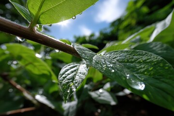 Fototapeta premium A captivating close-up of leaves glistening with dew drops under the warm sunlight, highlighting nature's beauty and the freshness of a vibrant ecosystem.