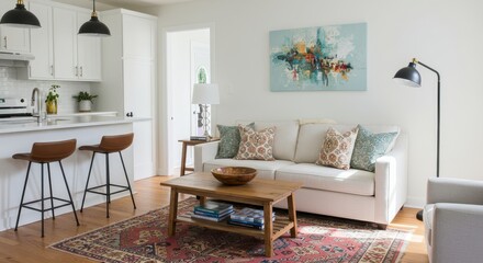 Bright living room with white sofa, wooden coffee table, and kitchen counter with bar stools view