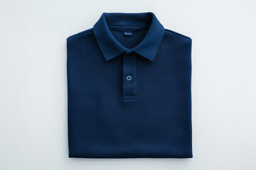 Flat lay of a neatly folded navy blue polo shirt, elegant minimal smart casual fashion on pure white background