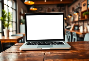 Mockup of blank laptop screen on rustic wooden table, blurred coffee shop background, cafe, vintage