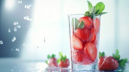 Refreshing strawberry drink with mint served in a clear glass on a bright background