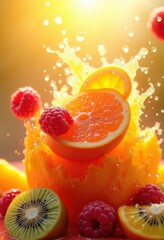 vibrant juice splashes sunlight fruit refreshment colorful liquid art, beverage, orange, lemon, grapefruit, berry, smoothie, cocktail, tropical, textured