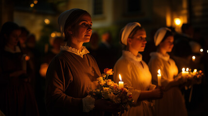 Florence Nightingale Commemoration, England, tribute to the Lady with the Lamp, nursing pioneer, Victorian era, healthcare history, solemn ceremonies, wreath-laying, traditional uniforms, candlelit vi