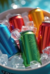 colorful soda cans placed ice cubes refreshing summer beverages bright colors chill cold drinks, input, carbonated, liquid, cool, packaging, vibrant, sparkling