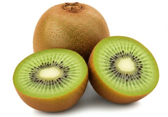 A close up of three kiwi fruits, one whole and two halved, against a plain white background studio shot