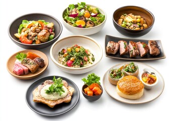 Collection of Various Plated Meals and Salad Bowls