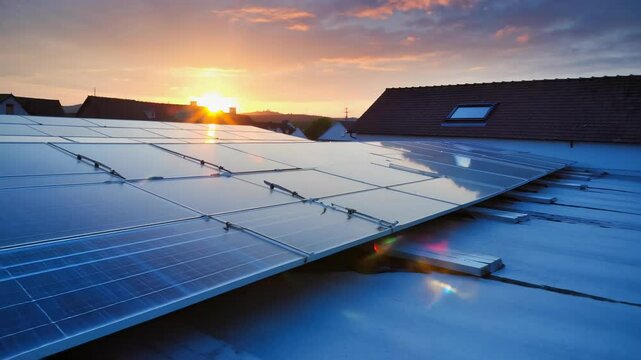Solar panels installed on a rooftop capturing energy from the sun at sunset illustrating renewable power