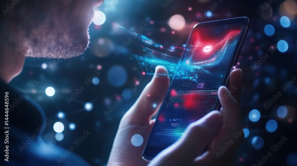 Aufkleber person interacting with a smartphone displaying dynamic data visualizations