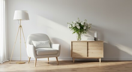Interior scene with white armchair, floor lamp, cabinet, flowers, and books against a white wall