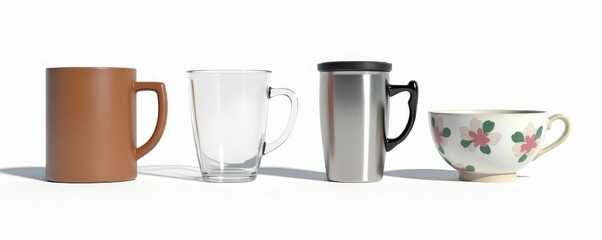 Collection of Four Diverse Mugs Ceramic Glass Stainless Steel and Floral Teacup