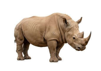 Obraz premium A rhinoceros standing in full view against a plain white background in a studio setting