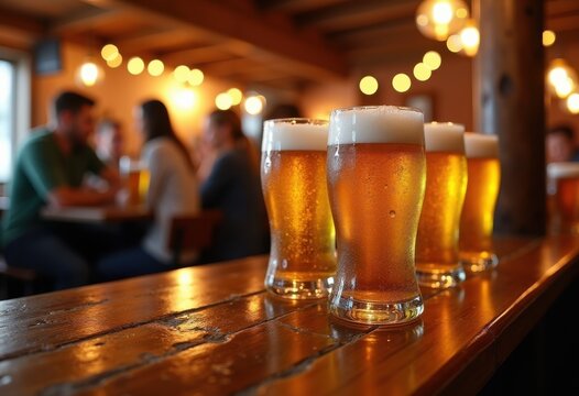 frosted beer glasses wooden bar top refreshing beverage cold drink brewery pub atmosphere social gathering, alcohol, refreshment, tap, table, ceramic, cup, seal