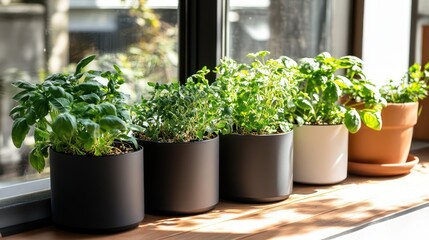 Fototapeta premium Potted herbs on windowsill