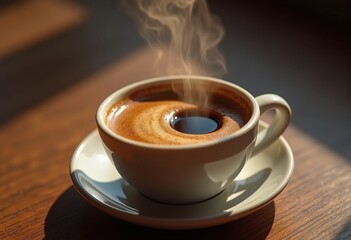 Fototapeta premium single espresso shot aesthetically floating coffee smoke steam aromatic dark brew rich creamy texture, cup, bean, mug, brewery, lid, crema, artisan, gourmet