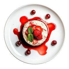 Food photography, a white plate with a strawberry cheesecake and sauce on the side, top view