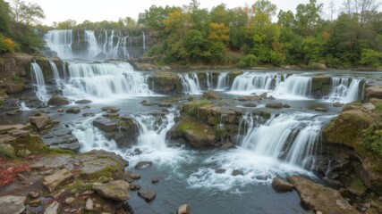 Obraz premium A breathtaking panoramic view showcases a majestic waterfall cascading over moss-covered rocks in autumn surrounded by lush green and vibrant fall