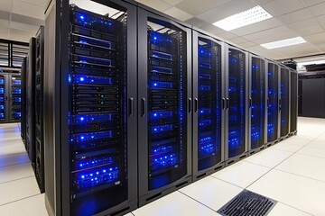 Rows of server racks in a data center, lit with blue LEDs  Interior view shows multiple server cabinets, equipped with network hardware, organized in a grid-like pattern  The floor is clean and modern