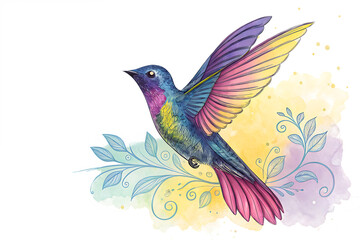 Obraz premium Whimsical Hummingbird in Mid-Flight – Vibrant Feathers and Pastel Background