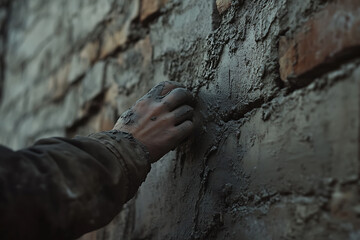 Hand Applying Mortar to Brick Wall