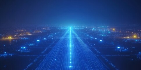 Obraz premium An international airport's nighttime runway is illuminated by lights, displaying aircraft and taxiing activity