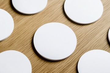 Circular coasters arranged on a wooden table, showcasing a minimalist design aesthetic