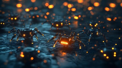 In the shadowy sanctuary of the laboratory, a mesmerizing swarm of glowing nanobots dances with graceful
