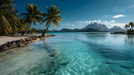 Fototapeta premium Vibrant, serene island lagoon with shimmering waters, lush palms, and majestic distant mountains.