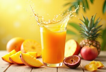 vibrant tropical fruit juice splash bright colorful background fresh summery refreshing drink, liquid, orange, lemon, lime, pineapple, mango, banana