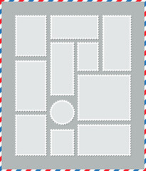Post stamps collection. Empty stamps set. Postal shapes border. Paper postmarks isolated on background. Blank frames for mail letter. Postage perforated templates. Vector illustration. Flat design.