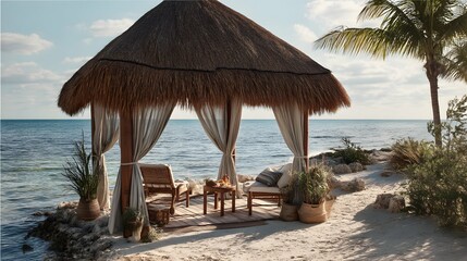 Palapa hammock dunked in sunshine, a tropical haven for seaside lounging.