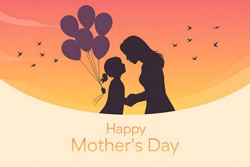 Silhouette of Mother and Daughter with Balloons at Sunset