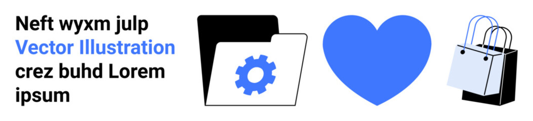 Folder with gear symbolizes technology, blue heart conveys care, shopping bag suggests commerce. Ideal for business, tech, retail, emotion, online shopping, collaboration flat landing page banner