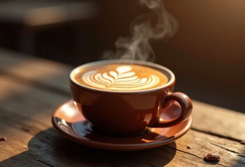 intricate latte art designs rustic table rustic coffee cup warm atmosphere cozy aesthetic, beverage, presentation, foam, pattern, crema, milk, espresso
