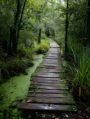 Charming, winding swamp boardwalk via lush marsh, perfect for nature lovers.