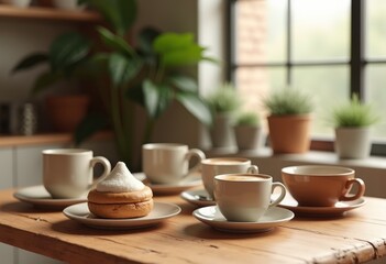 stylish coffee cups setup wooden table modern design cozy interior, mug, sleek, beverage, morning, espresso, drinks, trendy, ceramic, colorful, hot, style