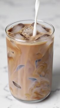 Pouring Milk Creating Swirls in Iced Coffee Glass with Ice