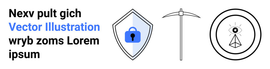 Shield with lock for security, pickaxe for mining, pyramid with eye for mysticism. Ideal for cybersecurity, exploration, mining, occult themes, blockchain, technology mysticism flat landing page